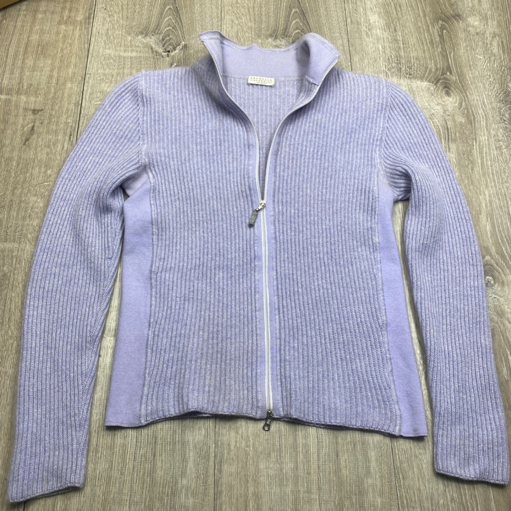 Brunello Cucinelli Sweater Cashmere Full Zip Women Lavender Purple Ribbed Luxury